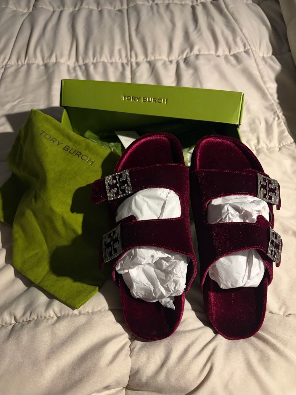 Tory Burch Kids Velvet Double-Strap Sandals in Berry